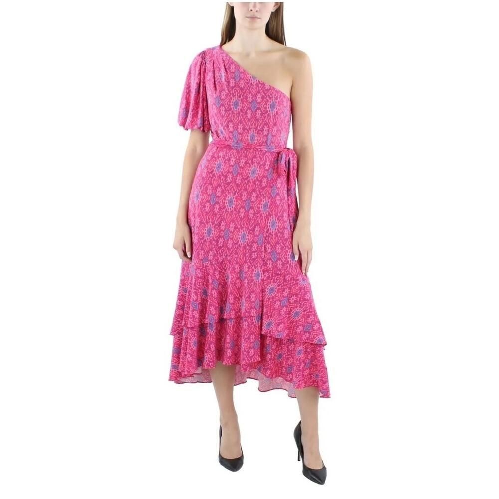 Ralph Lauren Pink Fuchsia Geo-Print Jersey One-Shoulder Dress Womens Size 10 EUC